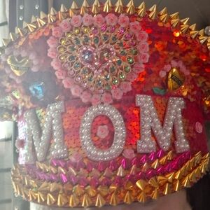 Mom birthday hat or mother's day hat pink and white pearls grand entrance hat.